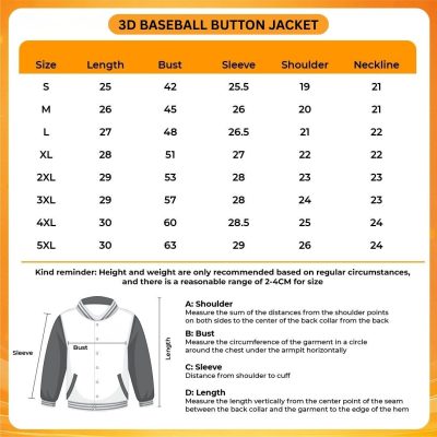 3D Baseball Button Jacket Size Chart - What We Do In The Shadows Store