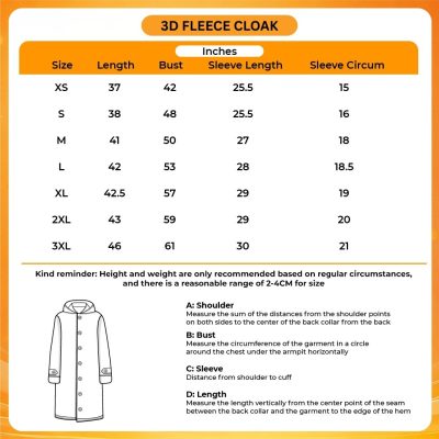 3D Fleece Cloak Size Chart - What We Do In The Shadows Store